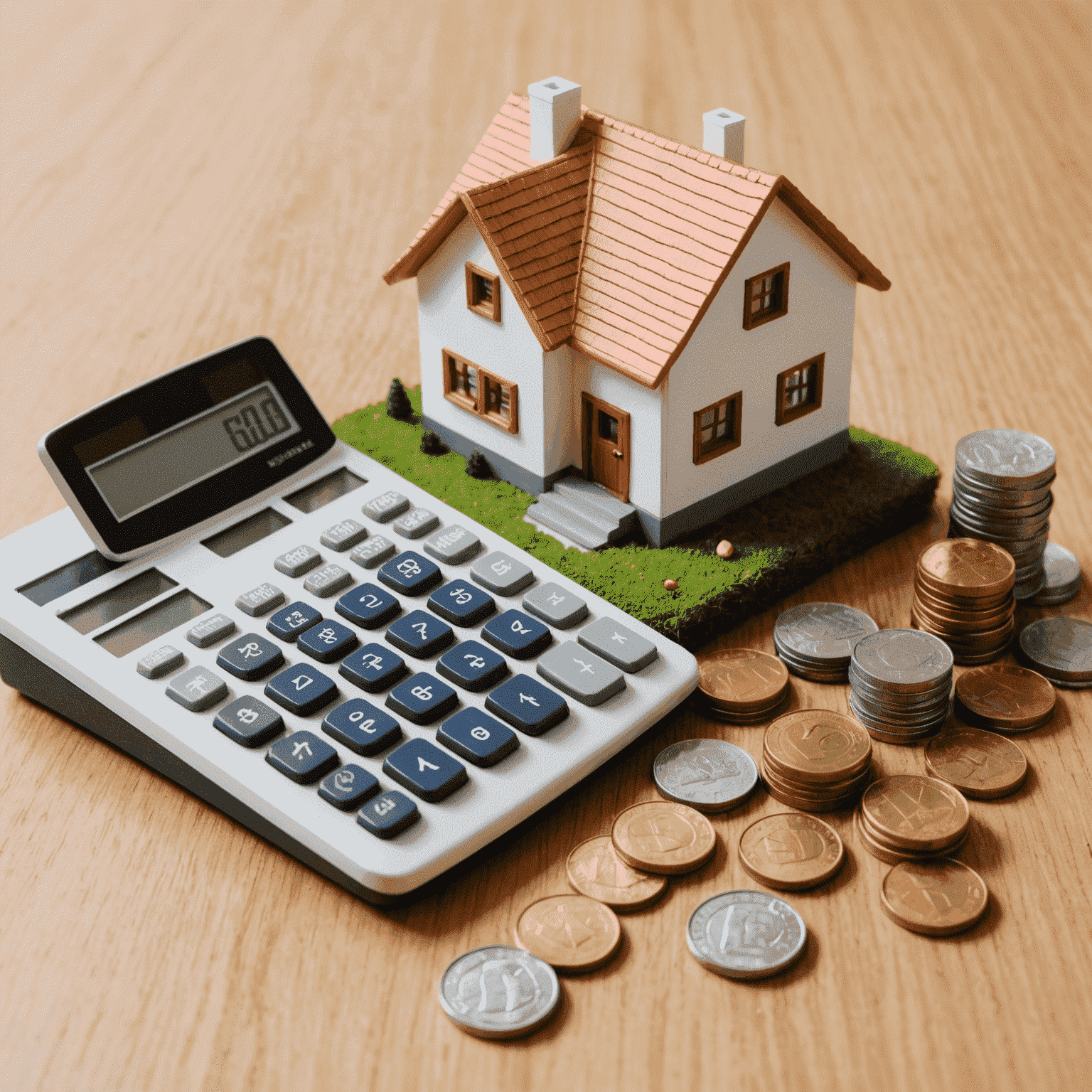 Taschenrechner, Münzen und ein Miniaturhaus, die die Finanzierungsoptionen für den Wohnungskauf in Deutschland darstellen