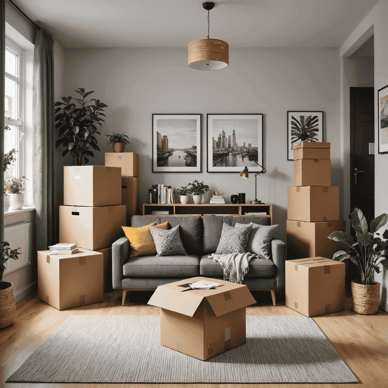 Innenansicht einer neu eingerichteten Wohnung mit Umzugskartons, repräsentiert die Einrichtung nach dem Kauf